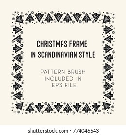 Hand drawn brush with corner tiles in Scandinavian style. Square holiday frame. Seamless design for Christmas frames, borders, dividers, greeting cards. Brush included in eps. Vector illustration.