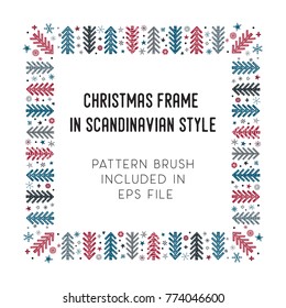 Hand drawn brush with corner tiles in Scandinavian style. Square holiday frame. Seamless design for Christmas frames, borders, dividers, greeting cards. Brush included in eps. Vector illustration.