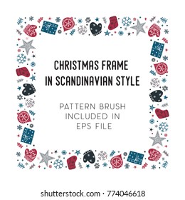 Hand drawn brush with corner tiles in Scandinavian style. Square holiday frame. Seamless design for Christmas frames, borders, dividers, greeting cards. Brush included in eps. Vector illustration.