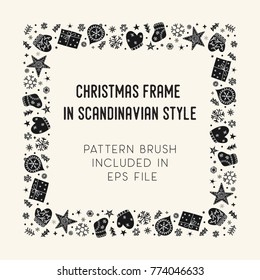 Hand drawn brush with corner tiles in Scandinavian style. Square holiday frame. Seamless design for Christmas frames, borders, dividers, greeting cards. Brush included in eps. Vector illustration.