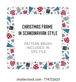 Hand drawn brush with corner tiles in Scandinavian style. Square holiday frame. Seamless design for Christmas frames, borders, dividers, greeting cards. Brush included in eps. Vector illustration.