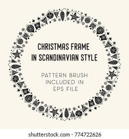 Hand drawn brush with corner tiles in Scandinavian style. Round holiday frame. Seamless design for Christmas frames, borders, dividers, greeting cards. Brush included in eps. Vector illustration.