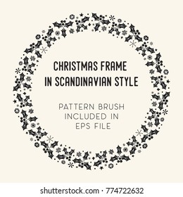 Hand drawn brush with corner tiles in Scandinavian style. Round holiday frame. Seamless design for Christmas frames, borders, dividers, greeting cards. Brush included in eps. Vector illustration.