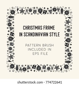 Hand drawn brush with corner tiles in Scandinavian style. Square holiday frame. Seamless design for Christmas frames, borders, dividers, greeting cards. Brush included in eps. Vector illustration.