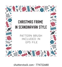 Hand drawn brush with corner tiles in Scandinavian style. Square holiday frame. Seamless design for Christmas frames, borders, dividers, greeting cards. Brush included in eps. Vector illustration.