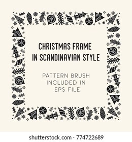 Hand drawn brush with corner tiles in Scandinavian style. Square holiday frame. Seamless design for Christmas frames, borders, dividers, greeting cards. Brush included in eps. Vector illustration.