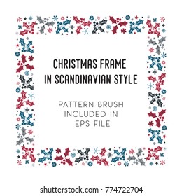 Hand drawn brush with corner tiles in Scandinavian style. Square holiday frame. Seamless design for Christmas frames, borders, dividers, greeting cards. Brush included in eps. Vector illustration.
