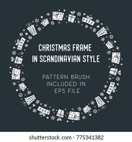 Hand drawn brush with corner tiles in Scandinavian style. Round holiday frame. Seamless design for Christmas frames, borders, dividers, greeting cards. Brush included in eps. Vector illustration.