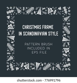 Hand drawn brush with corner tiles in Scandinavian style. Square holiday frame. Seamless design for Christmas frames, borders, dividers, greeting cards. Brush included in eps. Vector illustration.