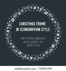 Hand drawn brush with corner tiles in Scandinavian style. Round holiday frame. Seamless design for Christmas frames, borders, dividers, greeting cards. Brush included in eps. Vector illustration.