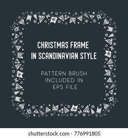Hand drawn brush with corner tiles in Scandinavian style. Square holiday frame. Seamless design for Christmas frames, borders, dividers, greeting cards. Brush included in eps. Vector illustration.