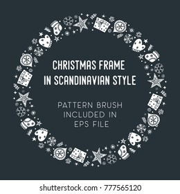 Hand drawn brush with corner tiles in Scandinavian style. Round holiday frame. Seamless design for Christmas frames, borders, dividers, greeting cards. Brush included in eps. Vector illustration.