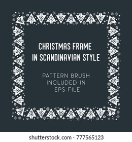Hand drawn brush with corner tiles in Scandinavian style. Square holiday frame. Seamless design for Christmas frames, borders, dividers, greeting cards. Brush included in eps. Vector illustration.