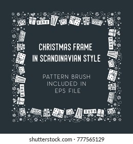 Hand drawn brush with corner tiles in Scandinavian style. Square holiday frame. Seamless design for Christmas frames, borders, dividers, greeting cards. Brush included in eps. Vector illustration.