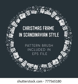 Hand drawn brush with corner tiles in Scandinavian style. Round holiday frame. Seamless design for Christmas frames, borders, dividers, greeting cards. Brush included in eps. Vector illustration.