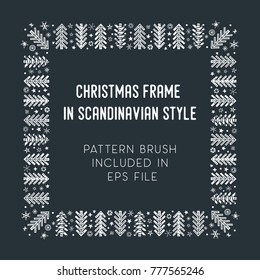Hand drawn brush with corner tiles in Scandinavian style. Square holiday frame. Seamless design for Christmas frames, borders, dividers, greeting cards. Brush included in eps. Vector illustration.
