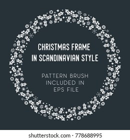 Hand drawn brush with corner tiles in Scandinavian style. Round holiday frame. Seamless design for Christmas frames, borders, dividers, greeting cards. Brush included in eps. Vector illustration.