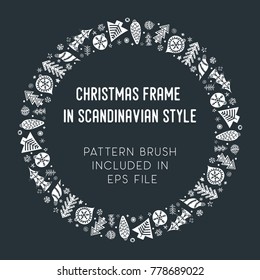 Hand drawn brush with corner tiles in Scandinavian style. Round holiday frame. Seamless design for Christmas frames, borders, dividers, greeting cards. Brush included in eps. Vector illustration.