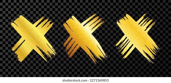 Hand drawn brush cross symbol. Set of gold sketch cross symbols on dark transparent background. Vector illustration