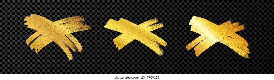 Símbolo transversal de pincel dibujado a mano. Conjunto de símbolos de la cruz del esbozo de oro sobre fondo transparente oscuro. Ilustración del vector