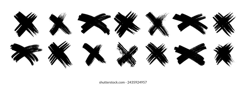 Hand drawn brush cross symbol. Set of black sketch cross symbols on white background. Vector illustration