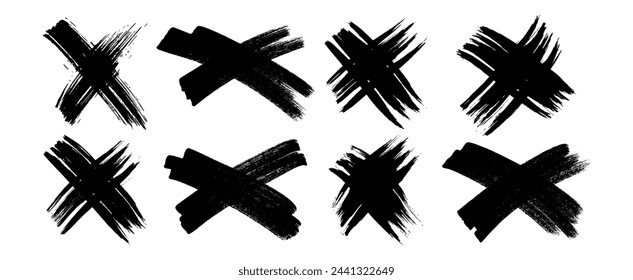 Hand drawn brush cross symbol. Set of black sketch cross symbols on white background. Vector illustration