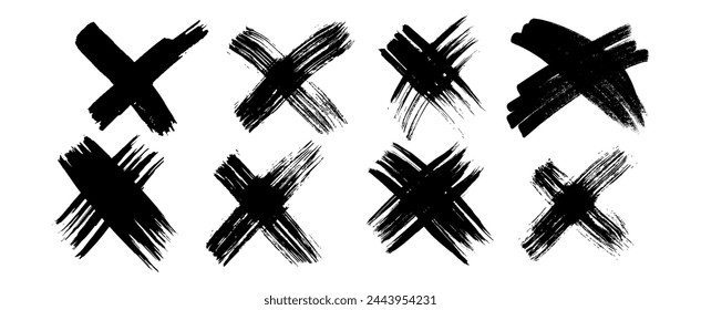 Hand drawn brush cross symbol. Set of black sketch cross symbols on white background. Vector illustration
