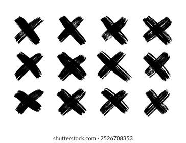 Hand drawn brush cross symbol. Big set of black sketch cross symbols on white background. Vector illustration