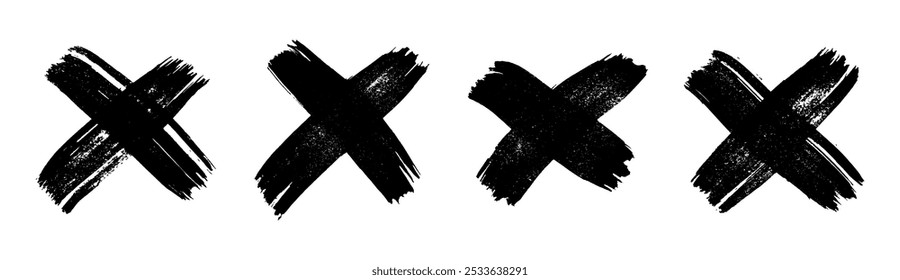 Hand drawn brush cross symbol. Set of four black sketch cross symbols on white background. Vector illustration