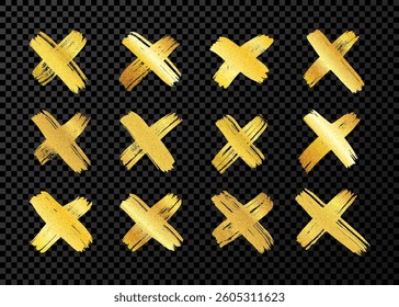 Hand drawn brush cross symbol. Big set of gold sketch cross symbols on dark transparent background. Vector illustration