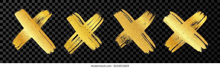 Hand drawn brush cross symbol. Set of four gold sketch cross symbols on dark transparent background. Vector illustration