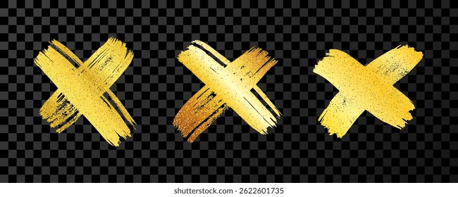 Hand drawn brush cross symbol. Set of three gold sketch cross symbols on dark transparent background. Vector illustration