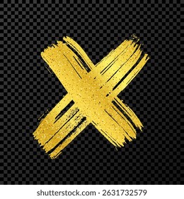 Hand drawn brush cross symbol. Gold sketch cross symbol on dark transparent background. Vector illustration