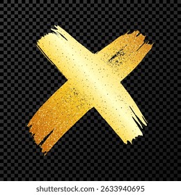 Hand drawn brush cross symbol. Gold sketch cross symbol on dark transparent background. Vector illustration