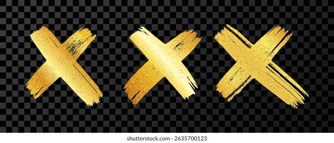 Hand drawn brush cross symbol. Set of three gold sketch cross symbols on dark transparent background. Vector illustration
