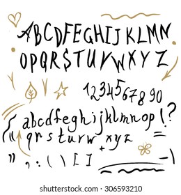 Hand drawn brush  design elements. Elegant calligraphic flourishes and artistic font. includes uppercase and lowercase letters, numbers, exclamation and question marks and underscores