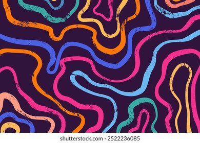 Hand drawn brush doodle lines, abstract design. Retro 70s-inspired background with colorful, wavy grunge strokes.