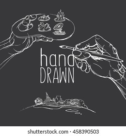 Hand drawn brush and element box. Square cover sketch book. Chalk blackboard
