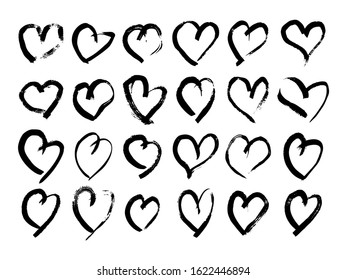 Hand drawn brush hearts. Set of twenty four grunge black doodle hearts on white background. Romantic love symbol. Vector illustration.