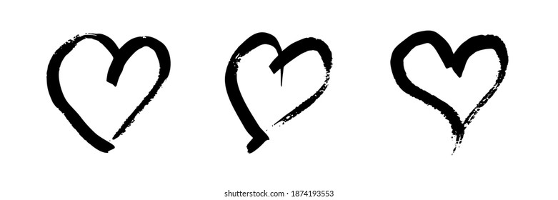 Hand drawn brush hearts. Set of three grunge black doodle hearts on white background. Romantic love symbol. Vector illustration.