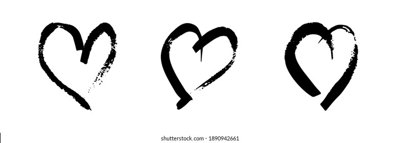 Hand drawn brush hearts. Set of three grunge black doodle hearts on white background. Romantic love symbol. Vector illustration.