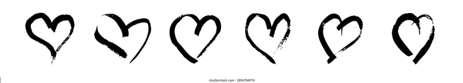 Hand drawn brush hearts. Set of six grunge black doodle hearts on white background. Romantic love symbol. Vector illustration.