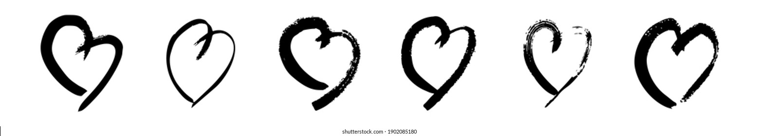 Hand drawn brush hearts. Set of six grunge black doodle hearts on white background. Romantic love symbol. Vector illustration.