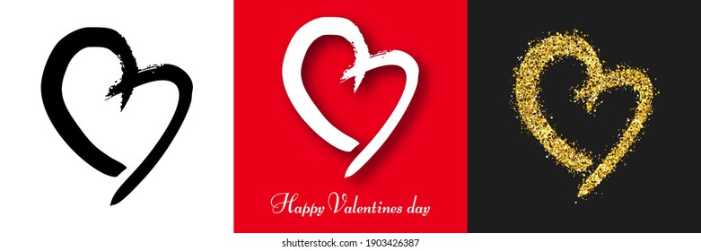 Hand drawn brush hearts. Set of three grunge black doodle heart, white grunge doodle heart with shadow and gold glitter doodle heart on white, red and dark background. Vector illustration.