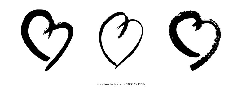 Hand drawn brush hearts. Set of three grunge black doodle hearts on white background. Romantic love symbol. Vector illustration.