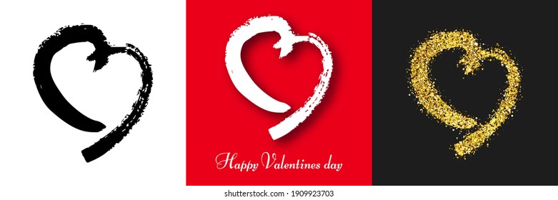 Hand drawn brush hearts. Set of three grunge black doodle heart, white grunge doodle heart with shadow and gold glitter doodle heart on white, red and dark background. Vector illustration.