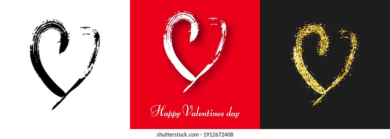 Hand drawn brush hearts. Set of three grunge black doodle heart, white grunge doodle heart with shadow and gold glitter doodle heart on white, red and dark background. Vector illustration.