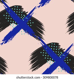 Hand drawn brush hipster pattern in vector.Stylish geometric brush strokes fantasy print .Speed style art with pink background.Blue vibrant brush splash wallpaper