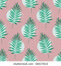 Hand drawn brush hipster pattern with palm leaves in vector . Pastel contemporary ditsy fabric print.