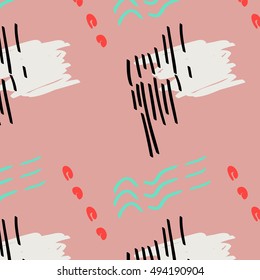 Hand drawn brush hipster pattern in vector.Stylish geometric brush strokes fantasy print. Speed style art on coral background with pastel blot. Organic shapes